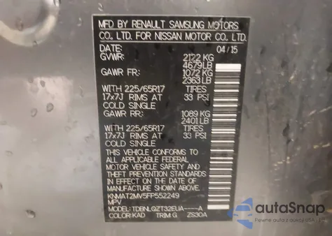 2015 Nissan Rogue Sv из США, поврежденный, VIN KNMAT2MV5FP552249